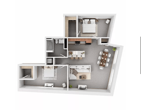 Floor plan for 2 beds, 1 bath, 1017 sqft